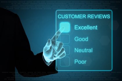 business hand clicking customer review feedback on touch screen