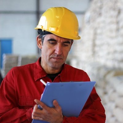 Worker writing results in factory